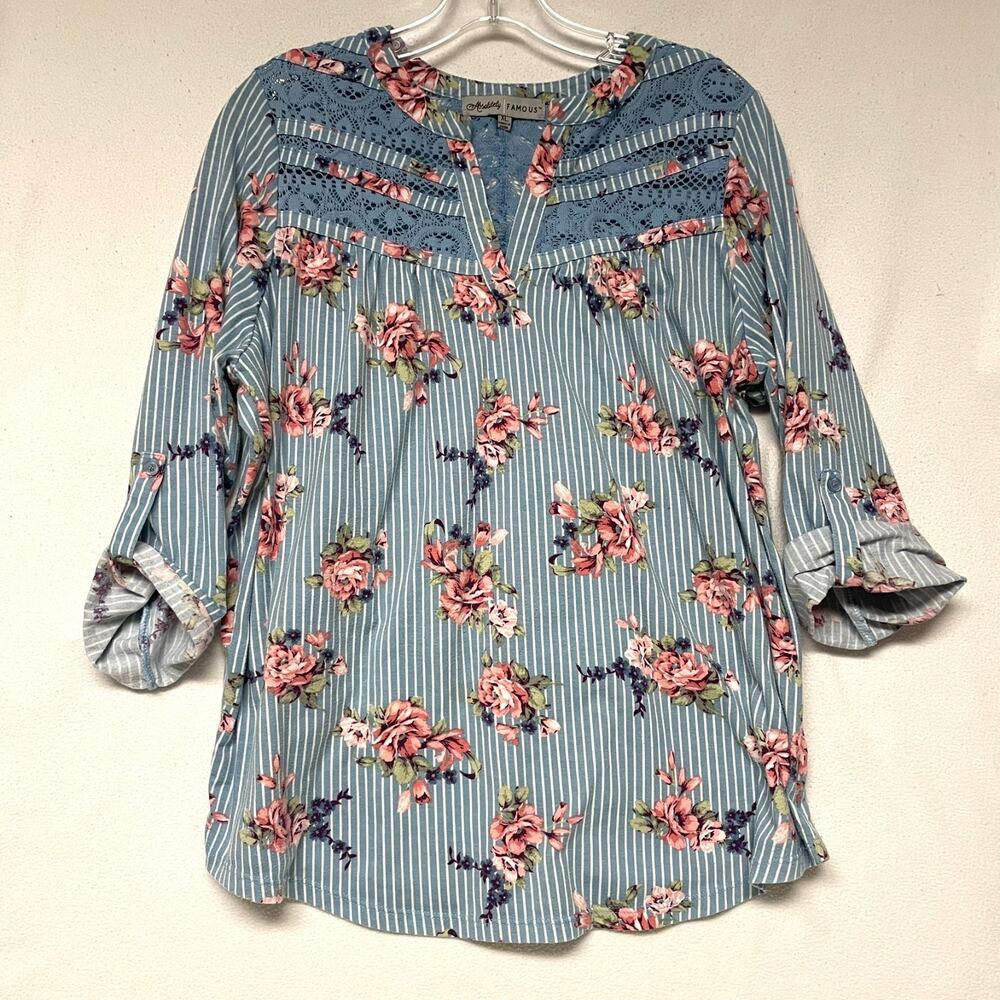 Absolutely Famous Womens Size XL Crochet Lace Top Floral Stripe Print Soft Comfy